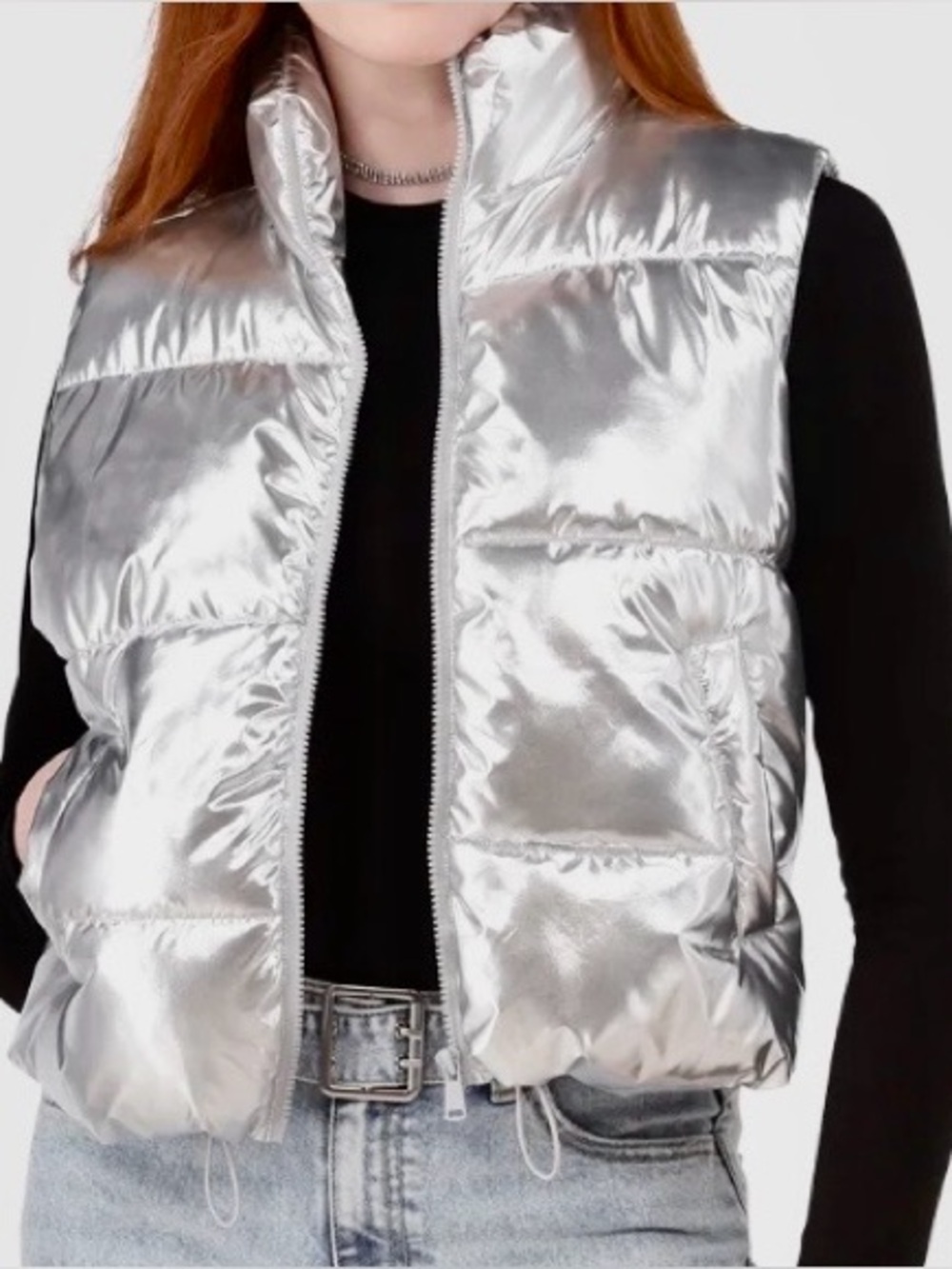 No Boundaries Metallic Silver Puffer Vest Crop